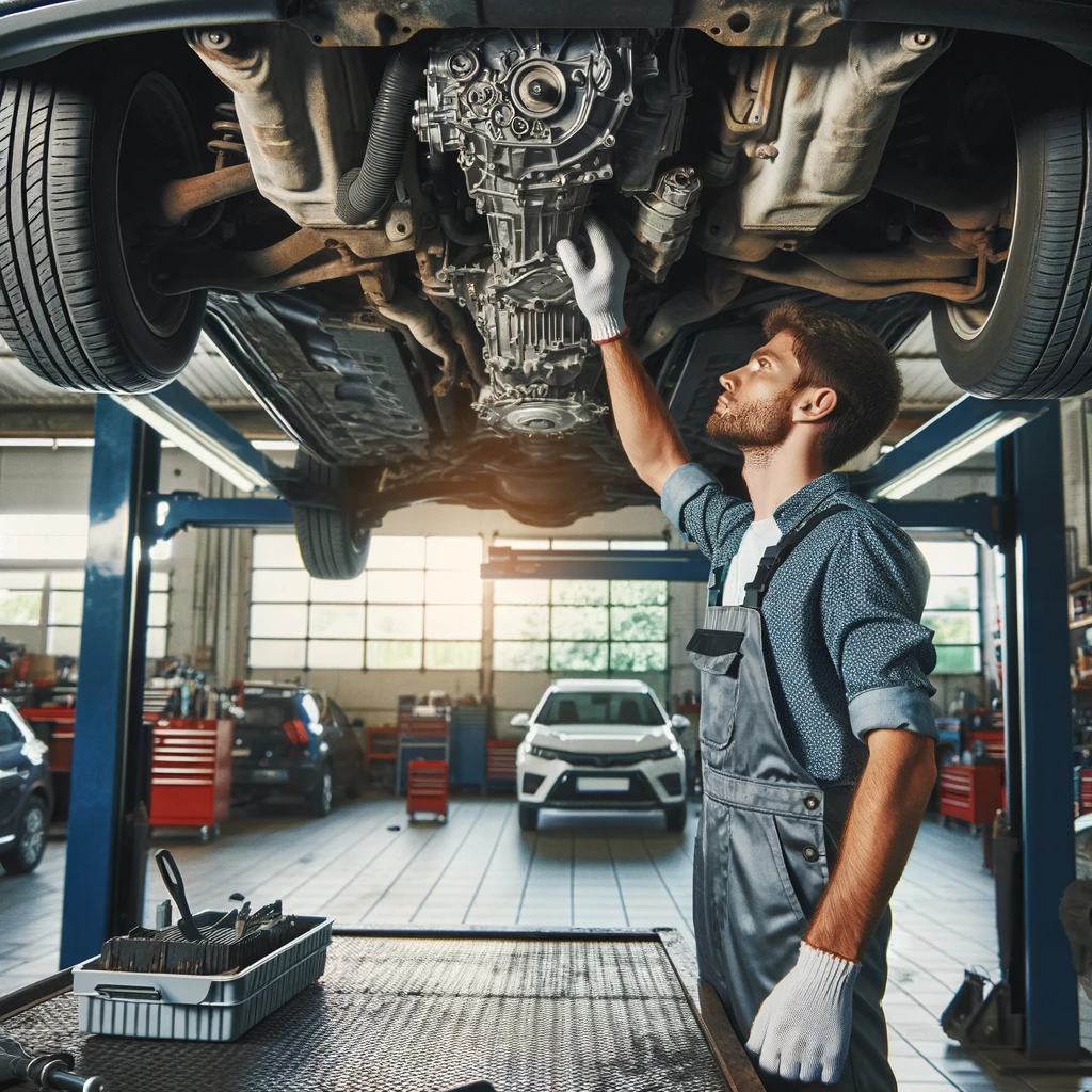 Photo of an automotive technician inspecting the transmission of a car from underneath